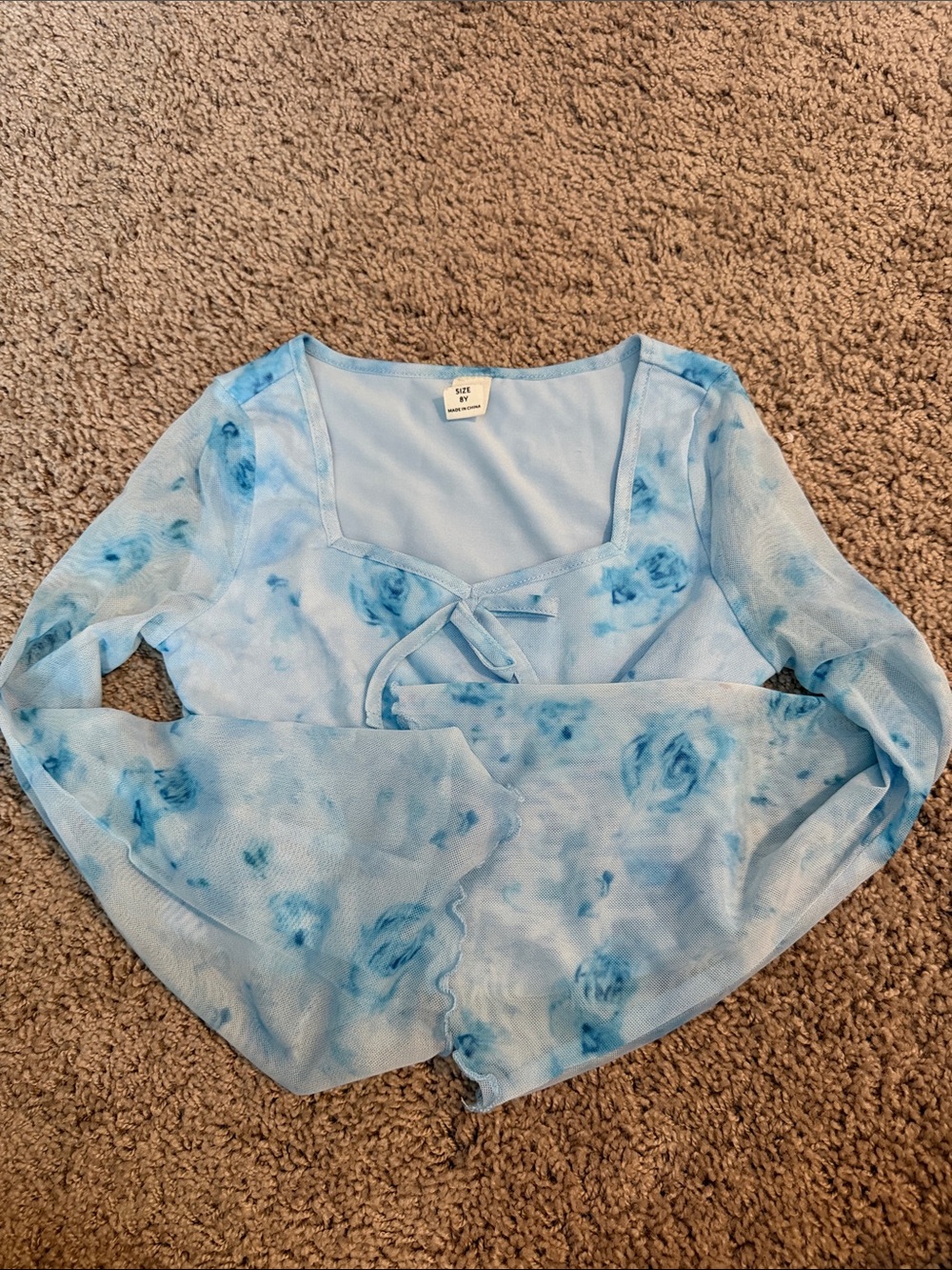 SHEIN Light Blue Floral Mesh Tie-Front Crop Top - Kids